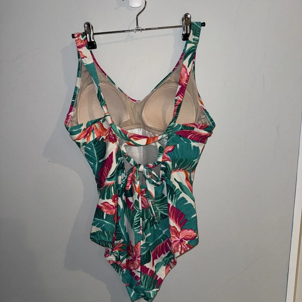 Kona Sol‎ Tropical Floral Palm Print One Piece Swimsuit Green Pink Small 4-6